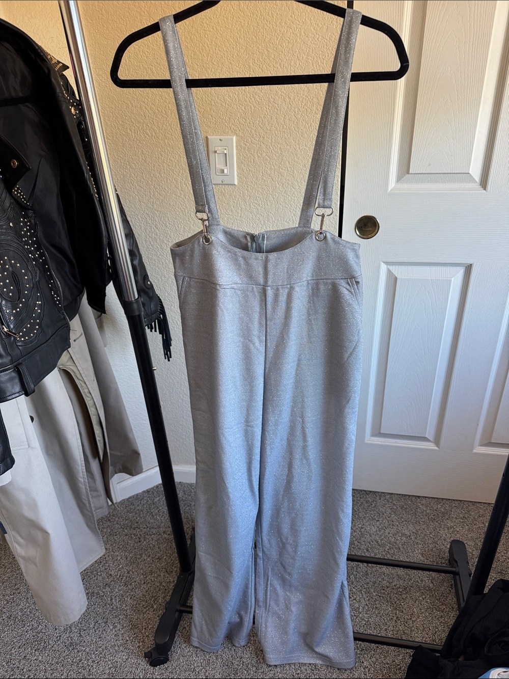 Silver Sparkly Wide-Leg Overalls Jumpsuit